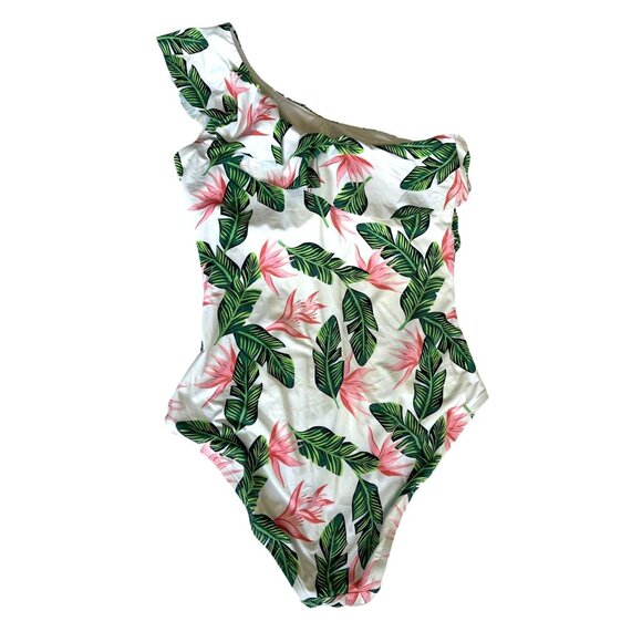 Hilor Womans 14 Tropical One Piece Tummy Control Swimsuit One Shoulder Ruffle - Picture 3 of 7